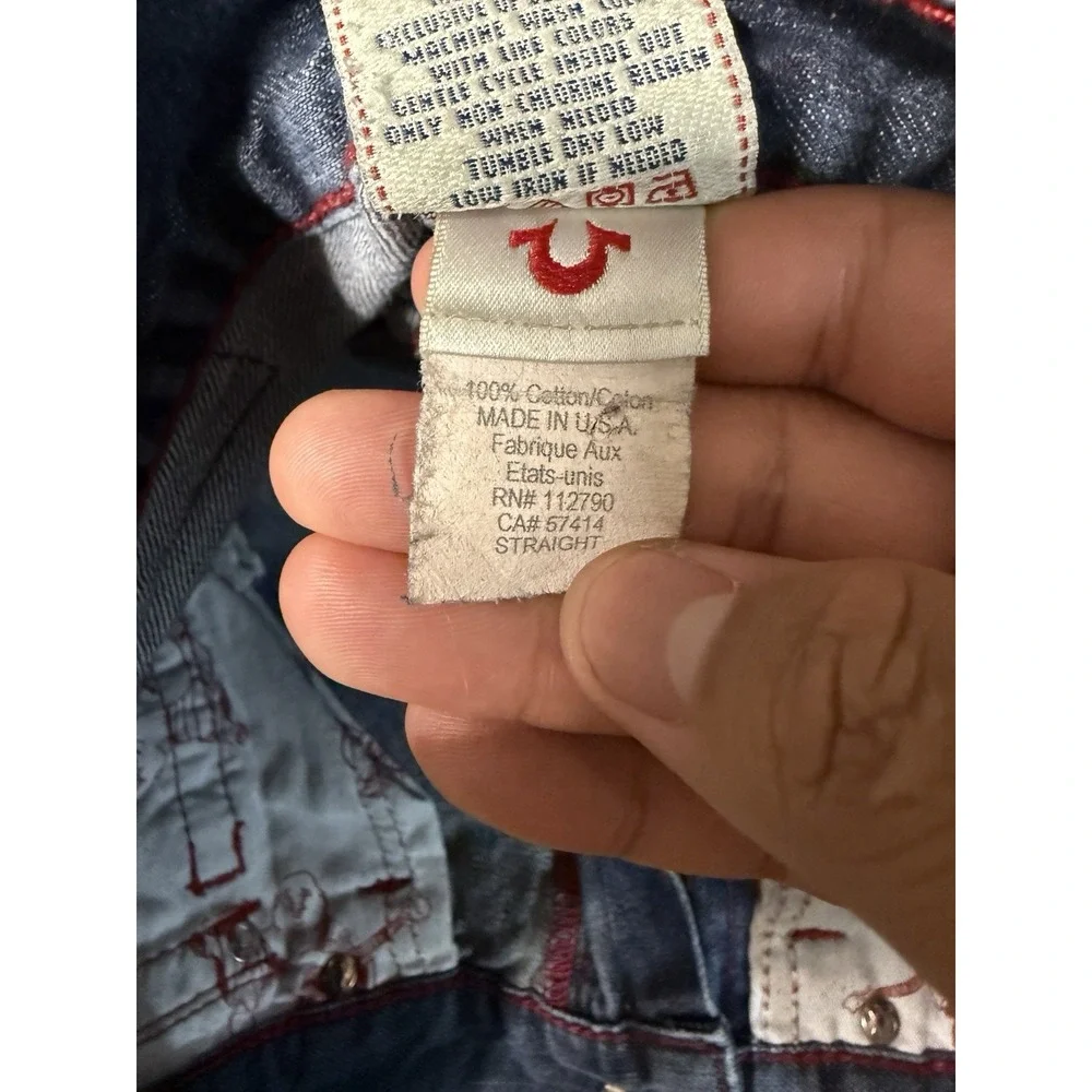 True Religion Straight Leg Jeans Mens 30x25 Blue Dark Wash Red Stitch USA Made